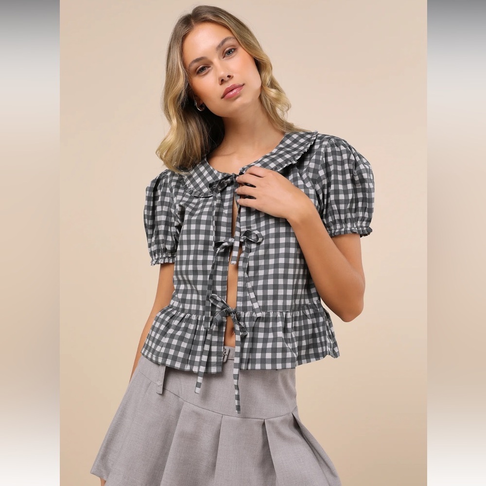 Motel Rocks Talora Black Gingham Tie-Front Top Puff Sleeve Peplum Blouse‎ XS